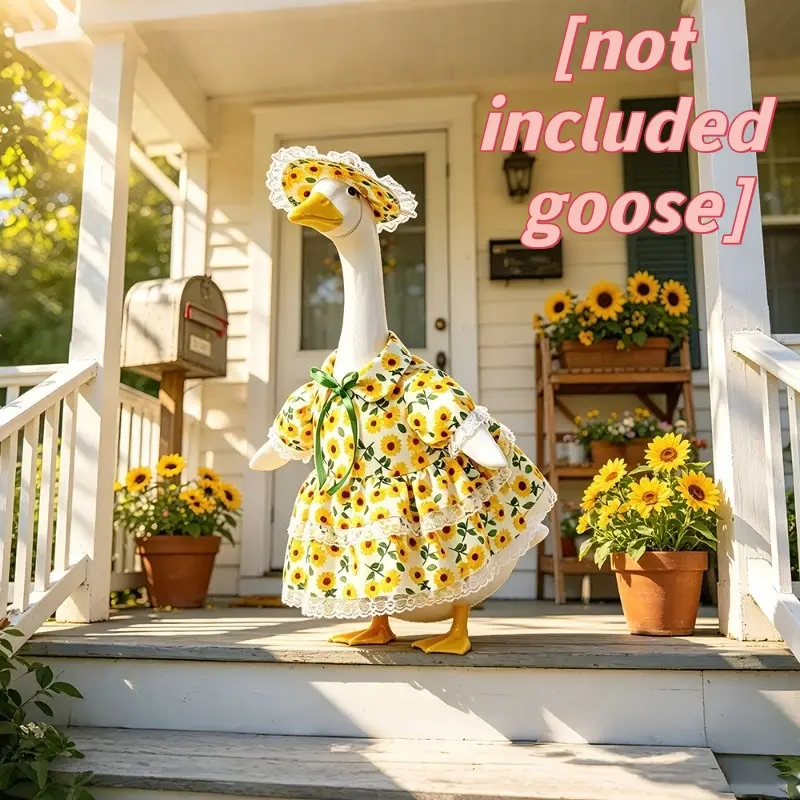 2pcs set（hat+dress) Sunflower Pattern Porch Dress for Geese, with a Pastoral Style. Comes with Lace Cap And Lace Skirt. Suitable for 23-Inch Porch Geese. Perfect for Outdoor Garden Decoration in Spring And Summer