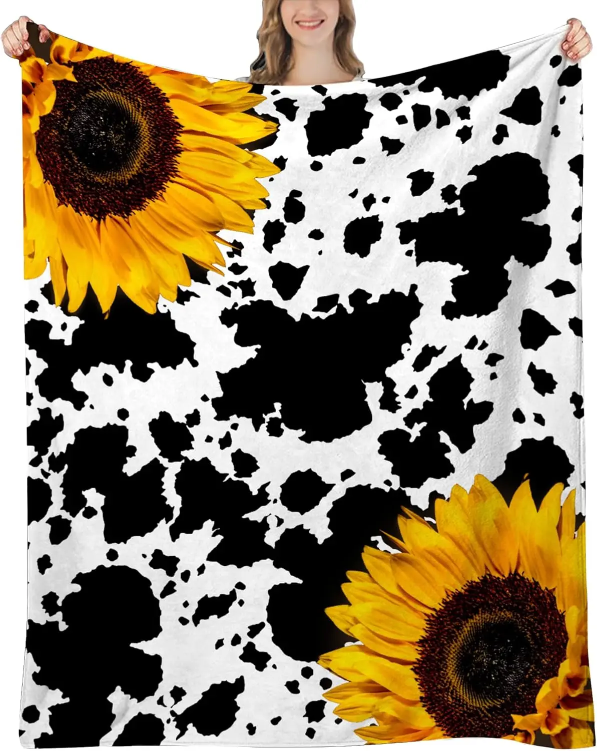 [SummerVibes] Sunflower Gifts for Women - Cow Sunflower Blanket - Birthday Gifts for Women, Cow Print Stuff, Sunflower Decor, Cow Print Blanket