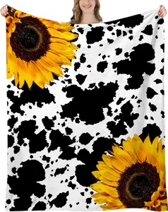 [SummerVibes] Sunflower Gifts for Women - Cow Sunflower Blanket - Birthday Gifts for Women, Cow Print Stuff, Sunflower Decor, Cow Print Blanket