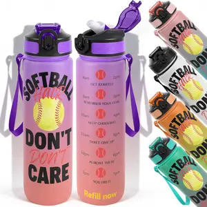 1pc,32oz Water Bottle Softball Hair Dont Don't Care Design Durable  Leak-Proof 1000ml Time Marker Water Bottle - Shatter-Resistant for Sports, Fitness, Hiking & Outdoor Travel - Large Capacity