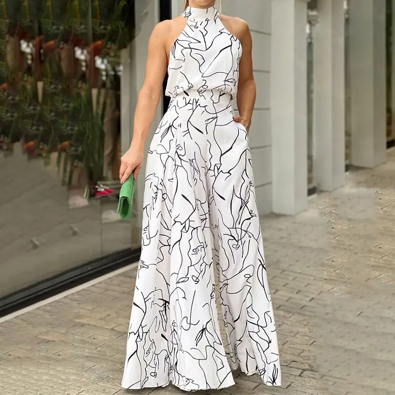 Women's Chic Halter Neck Jumpsuit, Abstract Print Sleeveless Wide-Leg Overalls, High-Waist Breathable Fabric Pants for Summer