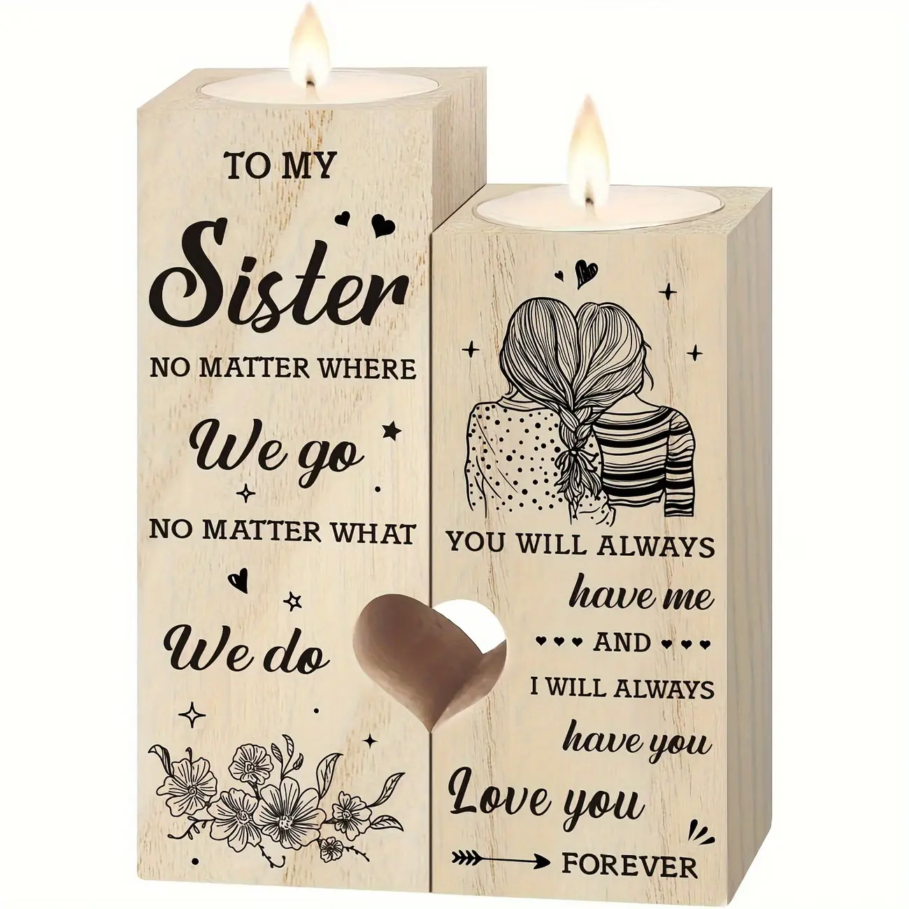 Heart Spliced Wooden Tealight Candle Holder for Sister, Wooden CandleDecor Keepsake Gift for Sister Birthday Christmas