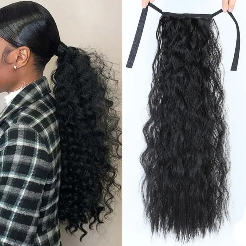 22Inch Synthetic Long Kinky Curly Ponytail Drawstring Clip In Ponytail Black Blonde Hair Extension for Women