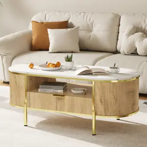 Summervibes Flash sale home items Modern Fluted Oval Coffee Table with Faux Marble Top – Storage Drawer – Stylish Center Table for Living Room – Luxury Navy Blue Finish
