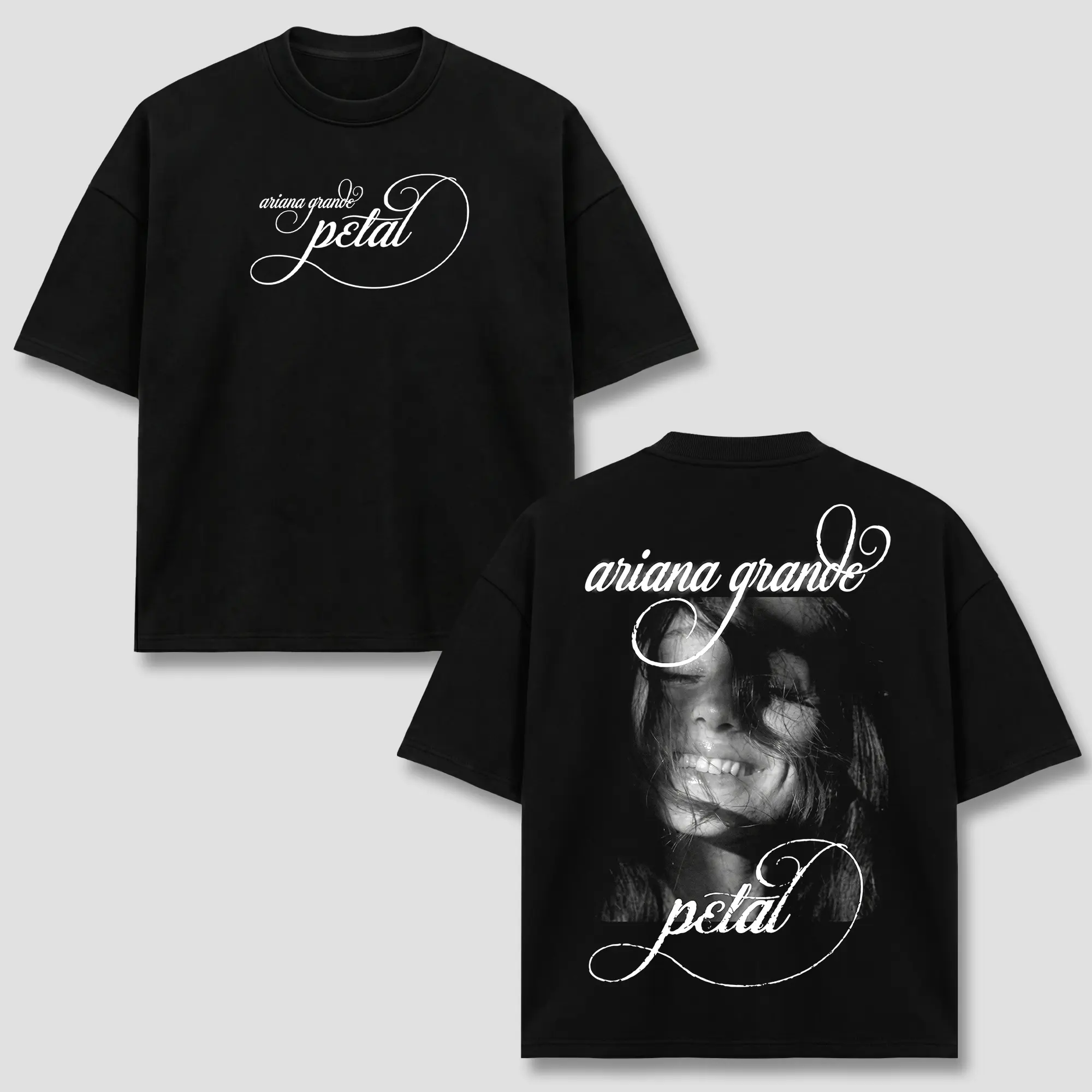 Ari Grande T-Shirt, Petal Song Album Cursive Font Graphic Apparel, Pop Singer Portrait Poster, Retro Concert Music Merch, Aesthetic Fan Gift, Men Women Heavyweight Oversized Black Top