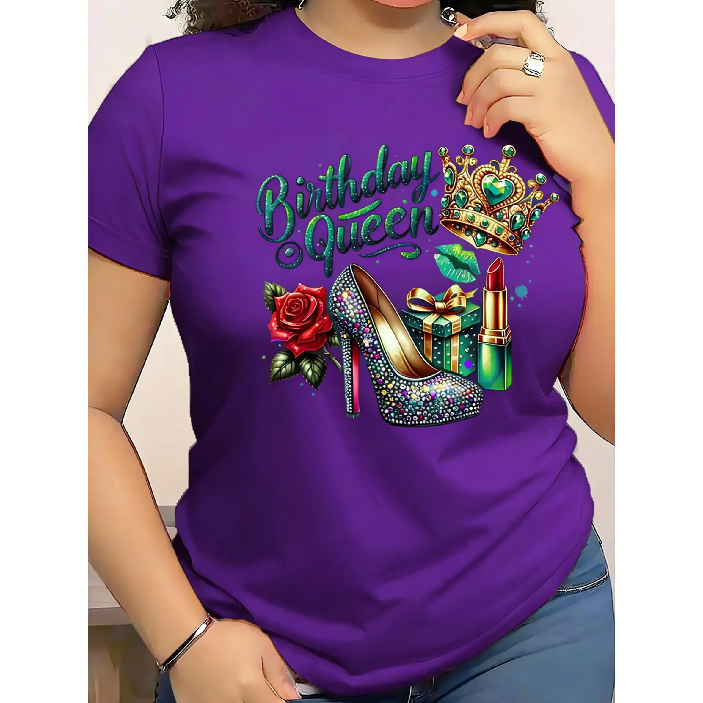 Women's Graphic Print Birthday Queen Short-Sleeve T-Shirt - 100% Cotton Basic, Casual Oversized Streetwear Top, Asymmetrical Check, Digital Print, Smooth, Side Seamless, All Seasons, Machine Wash, Do Not Dry Clean Tee, Oversized Fit, Classic