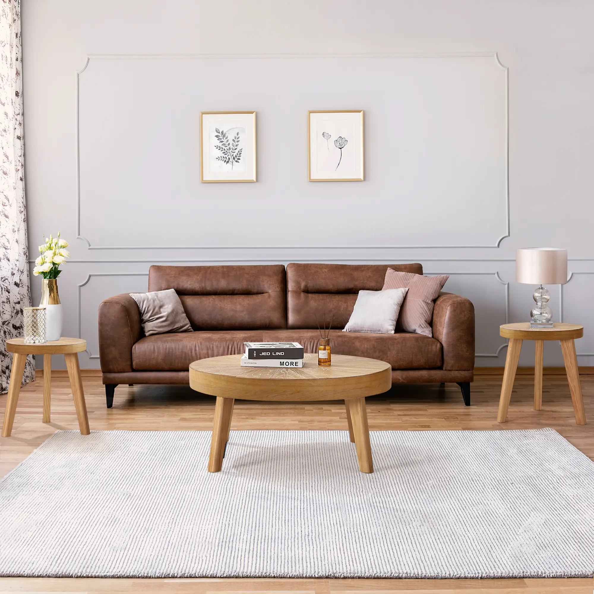PieDle Farmhouse Round Coffee Table Set of 3, Boho Sofa Side Nesting Tables End Table Set with Wood Natural Finish for Living Room, Bedroom, Home Office