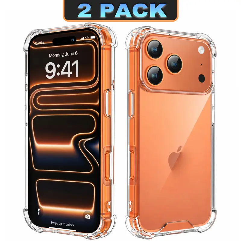 2 Pack Clear TPU Phone Case, Shockproof Slim Cover with Air Cushion Corners Protection for iPhone 17 16 15 14 13 12 11 Pro Max Mini XS XR X SE