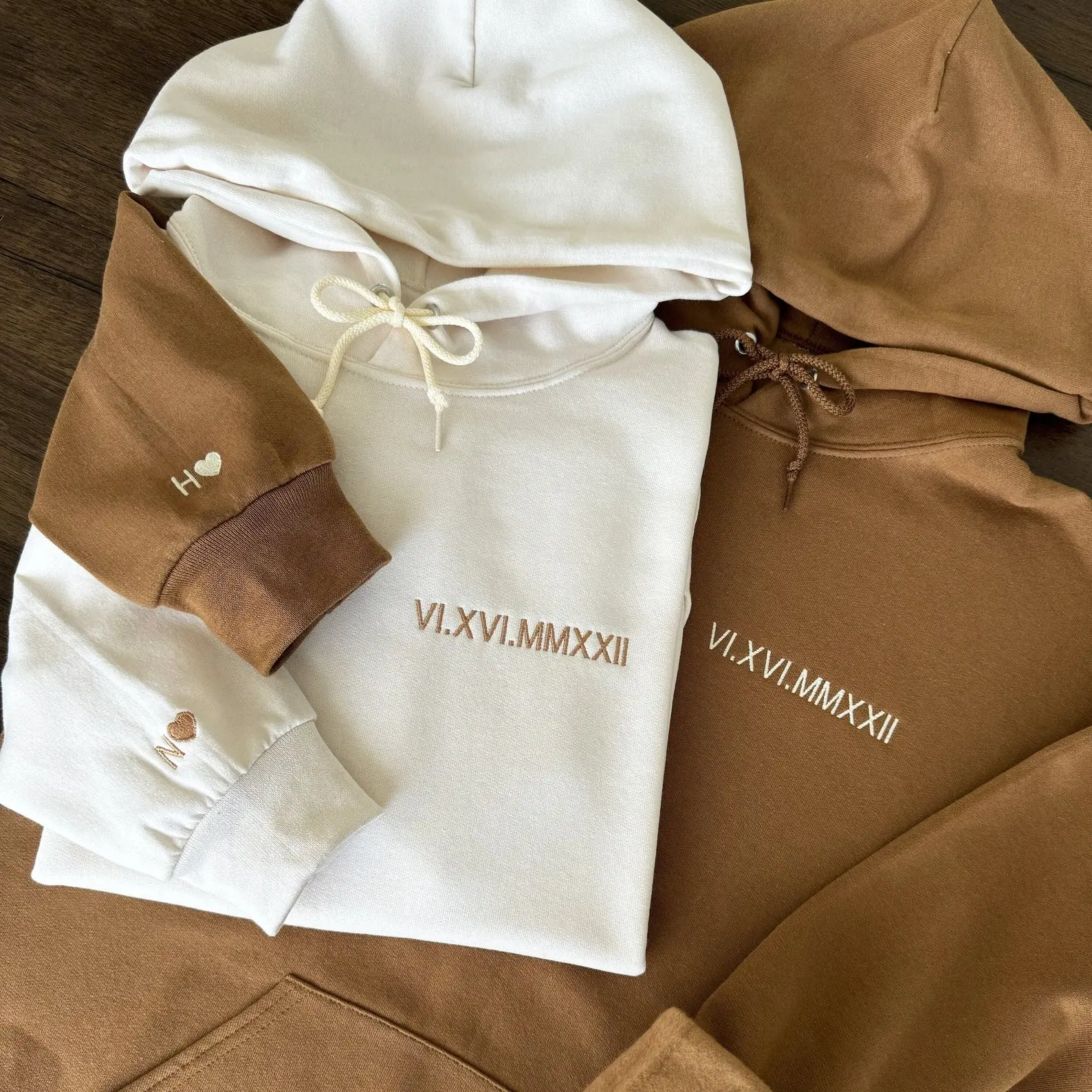 Custom Embroidered Roman Numeral Hoodie, Couple Shirt Initial On Sleeve, Anniversary Date Sweatshirt, Valentine's Day Gift