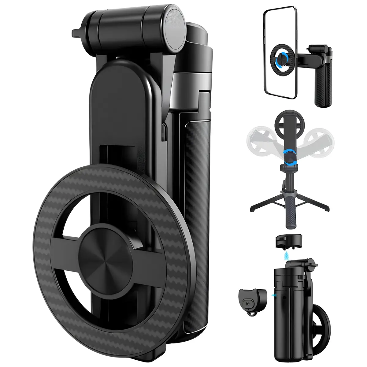 Upgrated 4-in-1 Multifunctional Mini Magnetic Selfie Stick Tripod, with Detachable Remote for iPhone & Android, 360° Rotation Portable Extendable Phone Stand for Travel Vlog Live Streaming, Travel Essential