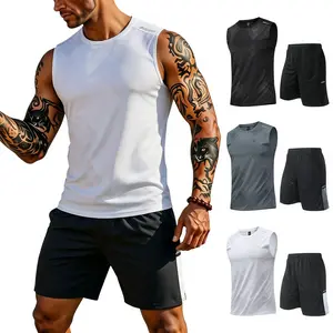 Men's 3PCS Workout Tank Top and Shorts Set, Quick Dry Sleeveless Athletic Shirts with Elastic Waist Shorts, Moisture Wicking Gym Running Training Fitness Outfits, Breathable Sports Suit for Men