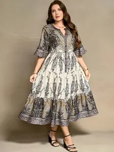Summer Plus Size Boho Vintage Tiered Midi Dress, V Neck Button Front, Paisley Print, Elegant 3/4 Sleeve, Perfect for Vacation & Daily Wear