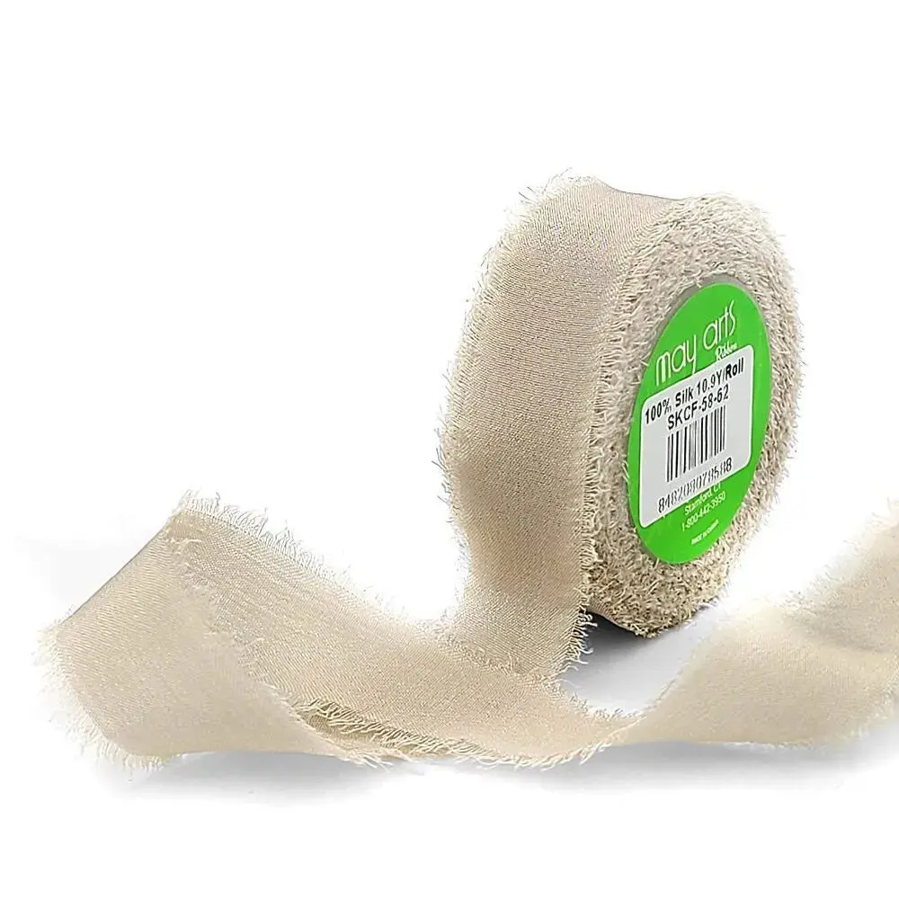 100% Silk Crepe Ribbon with Frayed Edge - Beige | 5/8" Width | 10.9 Yard Roll