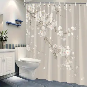2D Flat 1Pc Cherry Blossom Shower Curtain - Soft pink and white floral pattern, light brown background, size 71x71inch, includes 12 hooks, machine washable polyester material, suitable for bathroom decor in a relaxing space, provides privacy |   Floral st