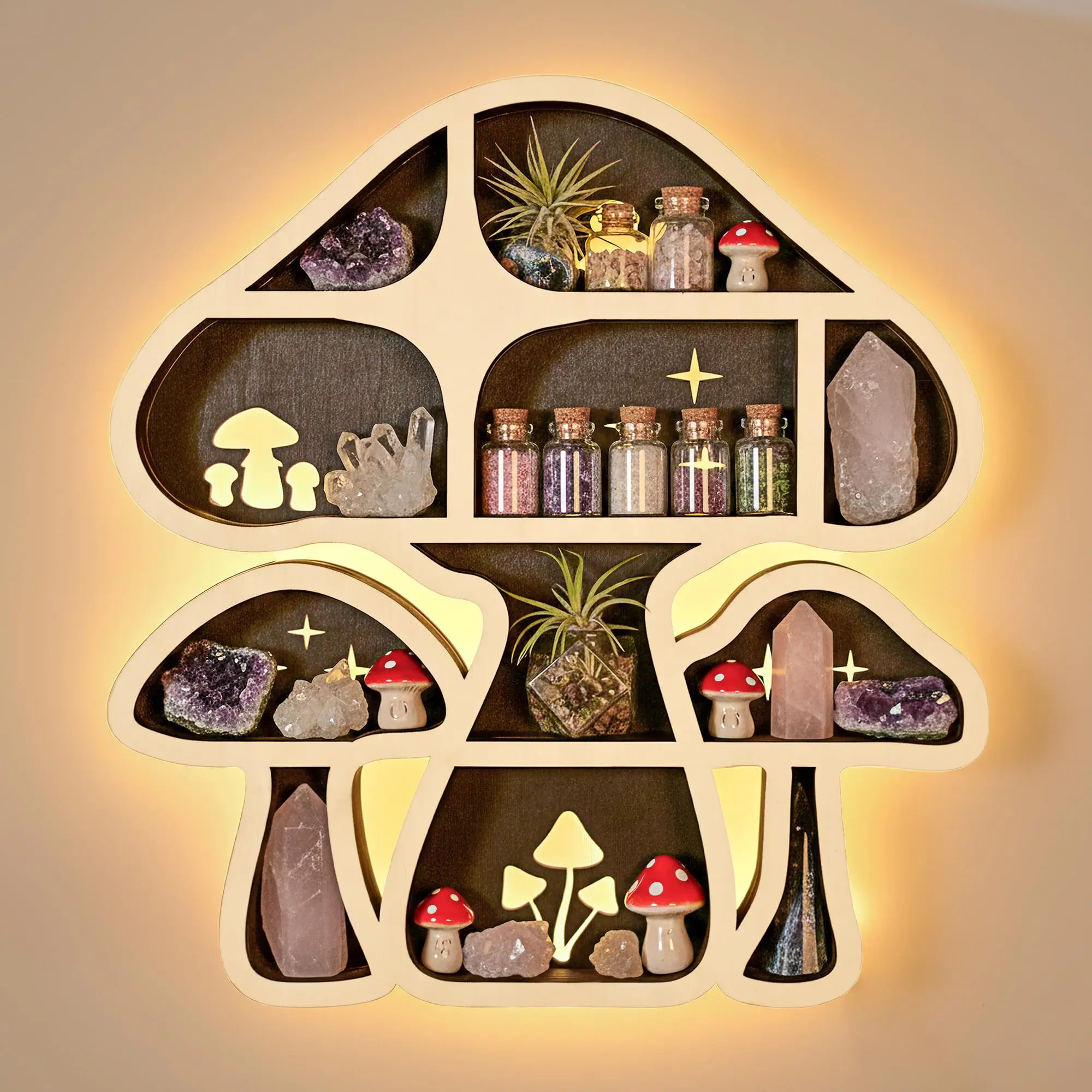FNYDOX Cute Mushroom Floating Shelves for Wall - Whimsy Crystal Display Shelf, Rock Gem Stone Storage Organizer, Trinkets & Knick Knack Holder, Meditation Spiritual Gift