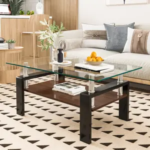 Rectangle  2-Layers Tempered Glass Coffee Table, Clear Coffee Table,Modern Side Center Tables for Living Room Furniture