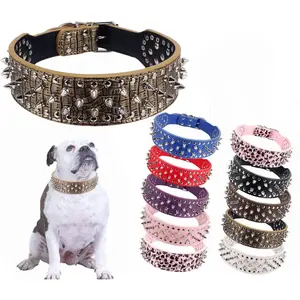 Hoot PU Leather Adjustable Spiked Studded Dog Collar 2" Wide 43 Spikes (L(Neck 21"-24"), Golden) Adjustable Pet Dog Collar with Rivets