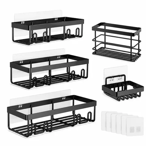Shower Organizer 5 Pack, Adhesive Shower Caddy with No Drilling, Large Capacity, Rustproof Stainless Steel for Bathroom Organizers and Storage&Kitchen, Shower Shelves for Inside Shower