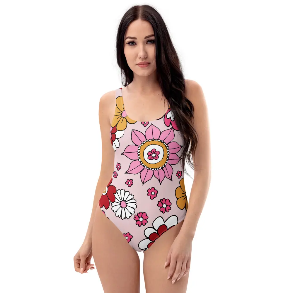 Female Dreamy Look 1-Piece Swimsuit, Blush Pink Retro Floral Sports Swimwear for Surfing & Outdoor Activities