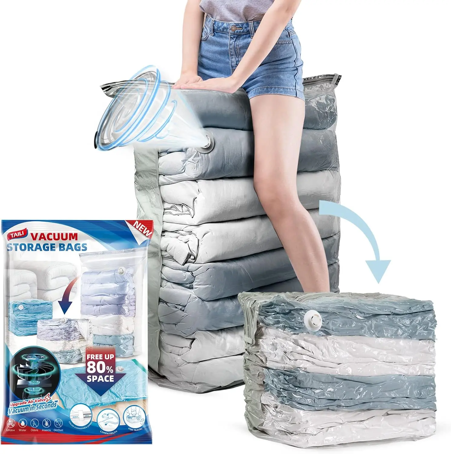 6 Pack Jumbo Cube Vacuum Storage Bags, Extra Large Compression Bags for Clothing, Comforters, Blankets, Bedding & Sweaters, No Pump Needed