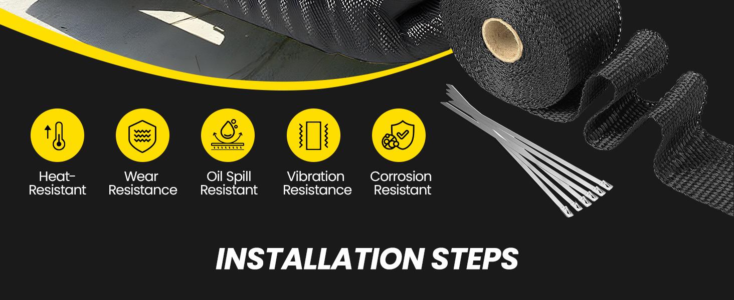 Exhaust Heat Wrap, 2"x 16 Ft, Motorcycle Fiberglass Heat Shield Tape With Stainless Ties, Black