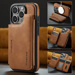 Men's Business 2-in-1 Leather (Base + Magnetic Card Holder) with Wireless Charging Support, MagSafe Compatible, Multi-Slot Card Holder, Phone Case Accessories for iPhone 17, Air 16 Pro Max, 15, 14 Plus, Full Cover Anti-Drop, Shockproof Protection