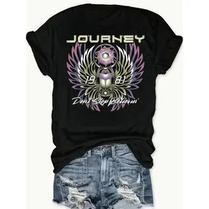 TLXT Women'S Retro Rock Band Graphic T-Shirt - "Journey: Never Stop Believin'" Print, Short Sleeve, Crew Neck, Casual Spring/Summer Top, Casual Wear|     Band Design Tee|     Graphic Print Te