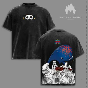 Brook x Laboon – One Piece Vintage Washed T-Shirt, Soul King x Whale Anime Graphic Tee, Binks Sake Reunion Design Oversized Heavyweight Cotton Streetwear