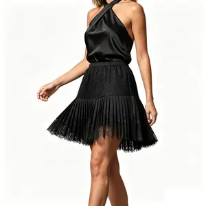 Women Y2k Lace Mini Skirt Low Rise Pleated Ruffle Half Slip Skirt Layered Flowy Short Skirt Streetwear Fabric Womenswear Asymmetrical Bottom Casual Comfy Sheer Elastic Tiered Minimalist Trendsetters for Polyester