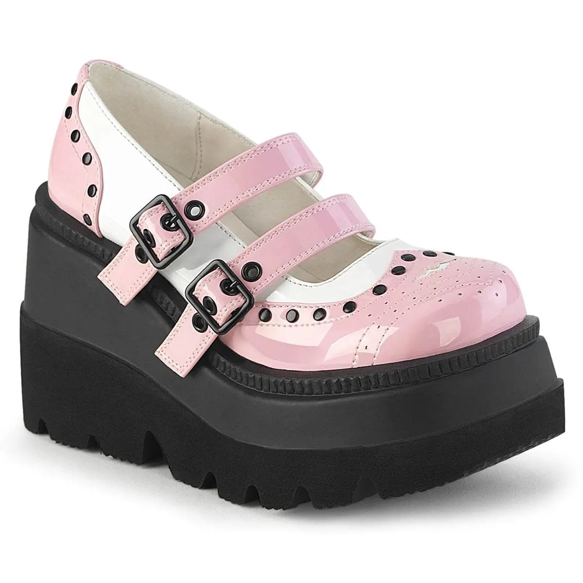 Demonia Shaker-27 Baby Pink-White Patent Platforms Demonia Shaker-27 Baby Pink-White Patent Platforms