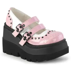 Demonia Shaker-27 Baby Pink-White Patent Platforms