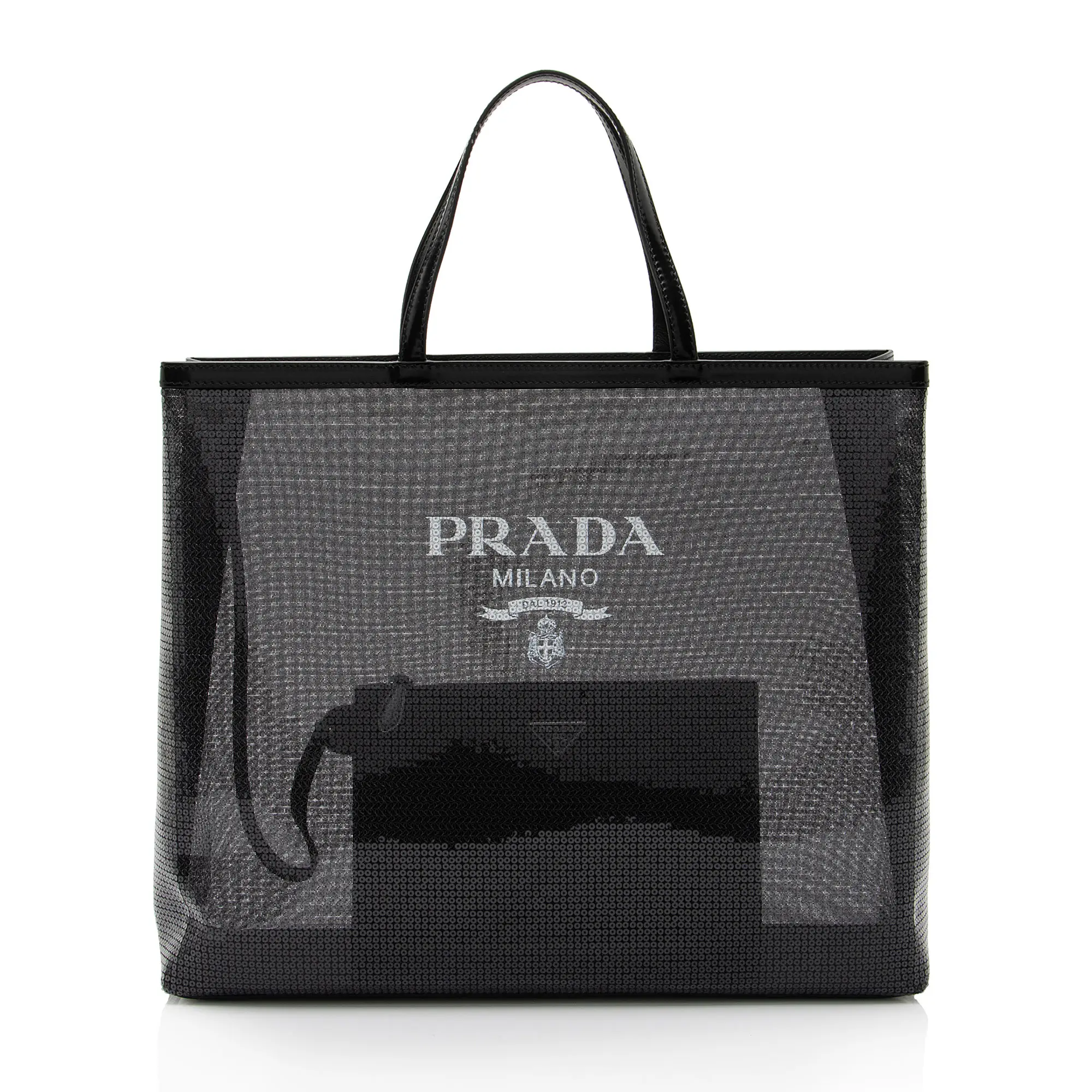 Pre-owned PRADA Leather Tote Bags Sequin Mesh Logo Large Tote