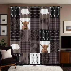 2 Piece Set Two-Piece Window Curtain Highland Cow Half-Transparent HD Digital Print Fade Resistant Easy Care Modern Style Polyester Drapes