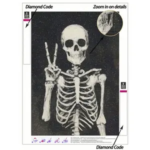 5D DIY Diamond Painting, Victory Pose Skeleton Diamond Painting Kit, Monochrome Style Diamond Painting With Dark Background, High-Definition Diamond Painting, Handmade Decorative Painting, Diamond Mosaic Craft Project, Handmade Gifts