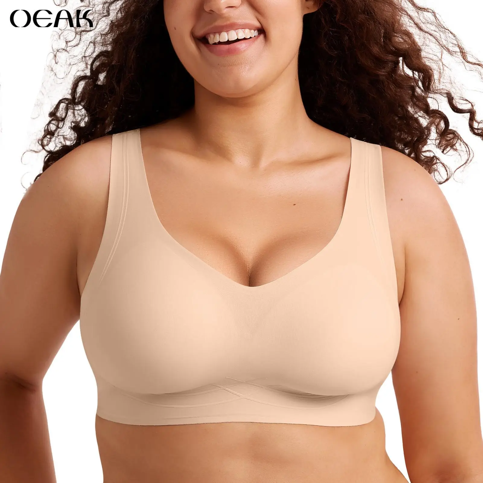 OEAK Seamless Wide-strap Full Coverage Buttery Soft Bra Plus Size Wireless Push Up Support V Neck T-Shirt Bra