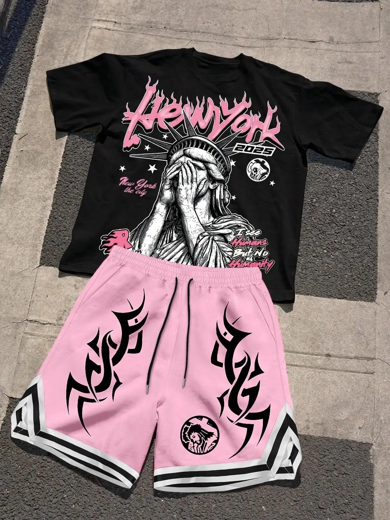 Men's Statue of Liberty Print Set, Contrast Short Sleeve T-Shirt + Flame Pattern Shorts, Y2K Streetwear, Oversized Loose Fit, Casual Style, Aesthetic Clothes