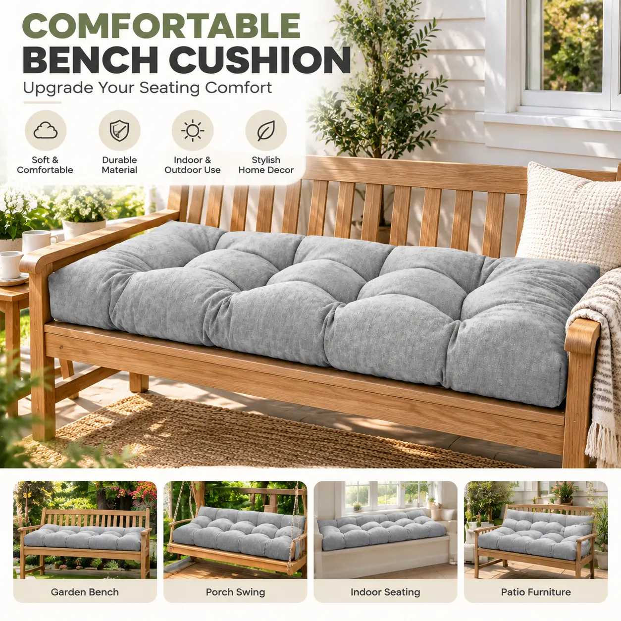 Outdoor Bench Cushion, Soft Thick Tufted Patio Seat Pad with Secure Ties, Comfortable Replacement Cushion for Garden Bench, Porch Swing, Deck & Indoor Outdoor Seating