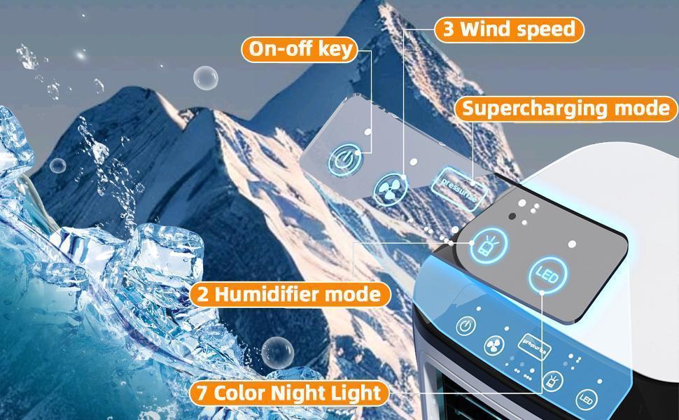 Portable Air Conditioner 4-in-1 Mini Personal ac Unit Upgraded Air Cooler Cooling Fan Small Air Conditioner 900ml Tank 3 Cool Mist & Speeds & 7 Night Light for Room Office Camping Car