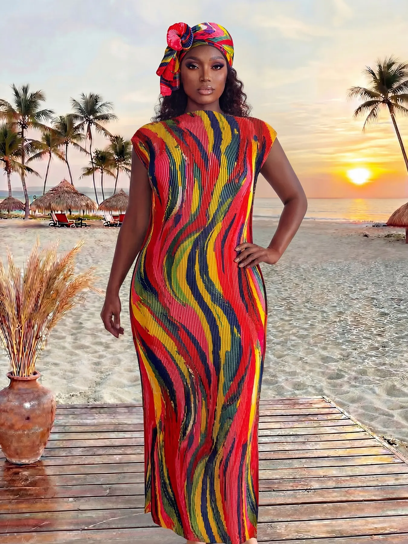 Women's Striped Pattern Set Fashion Elegant Ruffled Slim Fit Long Dress Shawl + Silk Scarf Beach Sun Protection UV Shield