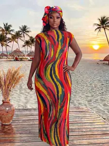 Women's Elegant Striped Pattern Ruched Slim Fit Long Dress Robe Shawl + Long Silk Scarf, Beach Cover Ups, Beach Sun Protection, All Seasons