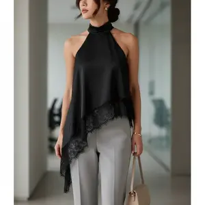 Yimoon Halter Tops for Women Y2k Mock Neck Sleeveless Top Lace Asymmetrical Hem Going Out Tank Tops