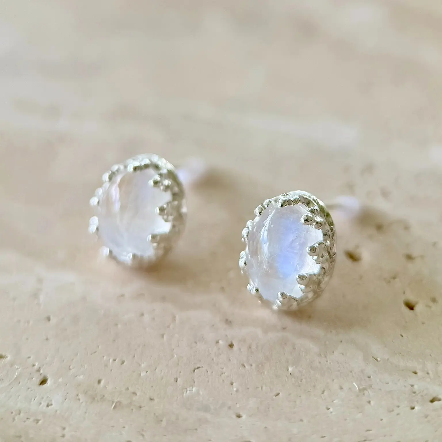 Moonstone Earrings • Dainty Sterling Silver Crown Setting • 925 Sterling Silver • Handmade Oval Gemstone Earrings • Rainbow Moonstone Gem