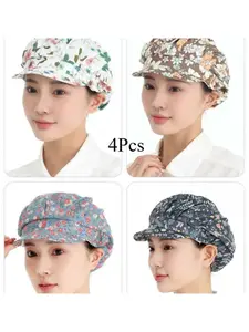 Unisex Breathable Chef Hat Set, Elastic Cooking Cap, Reusable Washable Food Service Headwear, 4 Pieces, Plant Pattern Design