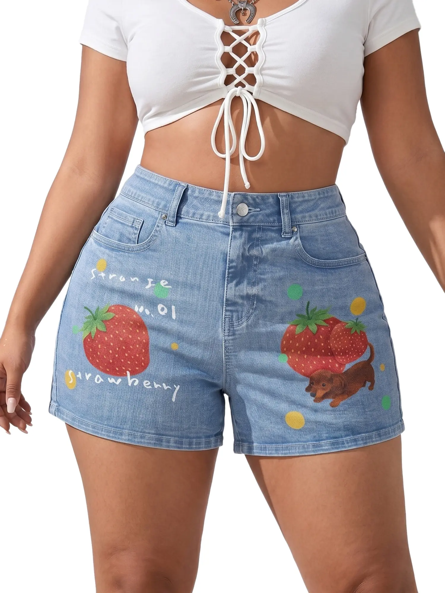 JR JEANIUS WEAR Women's High-Waisted Denim Shorts with a Strawberry & Dachshund Graphic Print, Bodycon Fit in Light-Wash Stretch Fabric for Summer Crop Tops, Fitted, Clothes, Animal Print