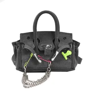 New autumn products, personalized antique needle buckle platinum version, denim style platinum handbag, chain crossbody bag, birkinbag,multifunctional daily use, dating, commuting,YM12