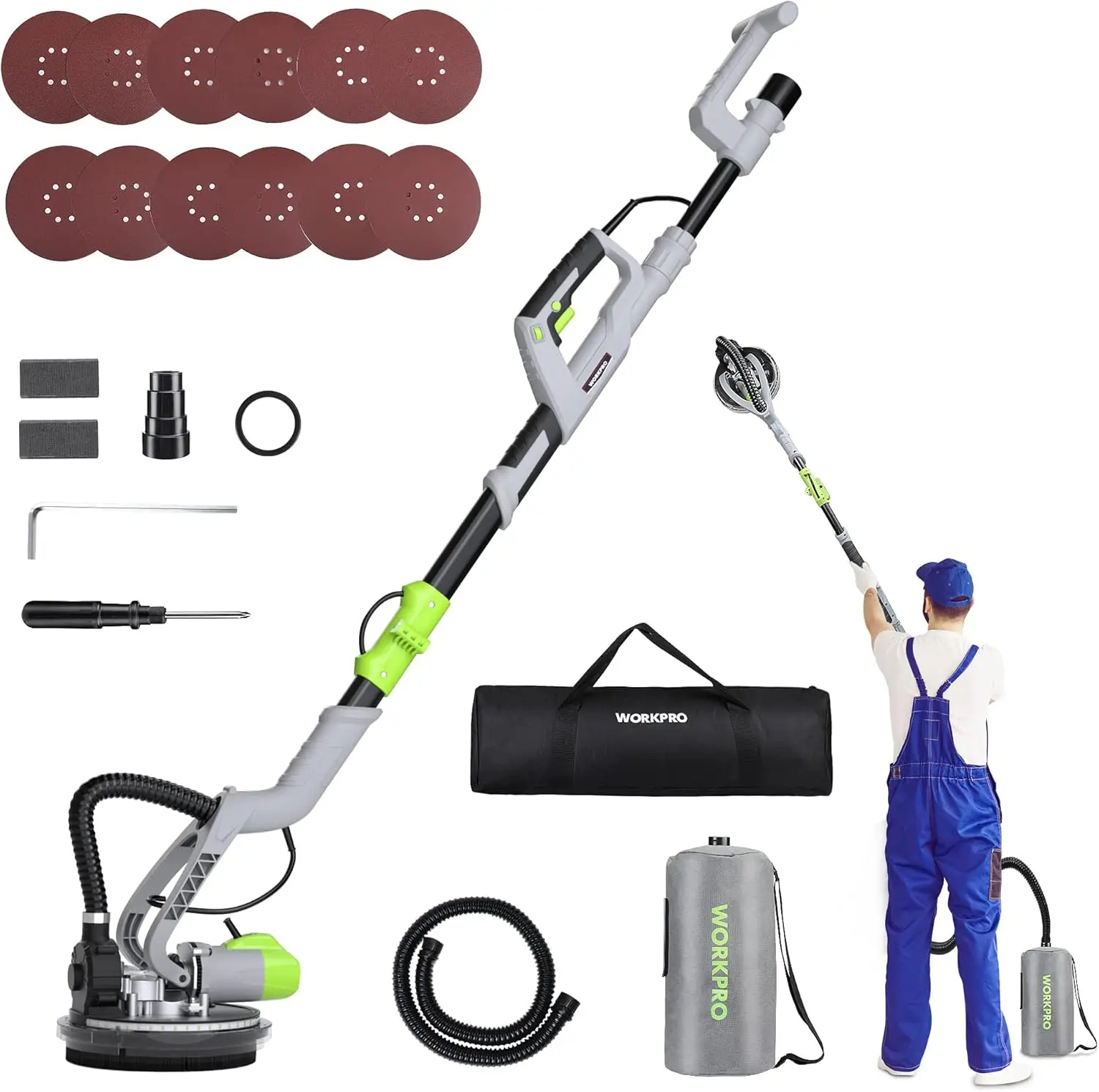 #fathersdaygift WORKPRO Drywall Sander, 720W Electric Sander with 12-Pack Sanding Discs, 7 Variable Speed 1100-1850 RPM Wall Sander with Extendable Handle, LED Light, Floor and Popcorn Ceiling Removal Tool