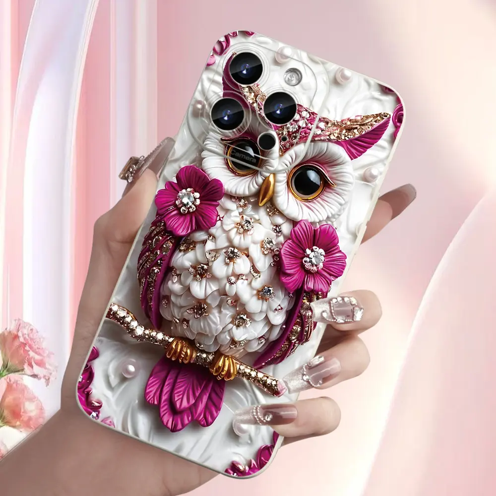 Jeweled Owl Blossom Phone Case, Pink Fantasy Bird Floral Decorative Cover for iPhone 17 16 15 14 13 12 11 X Plus Pro Max, Owl Lover Gift