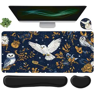 Owl Pattern Mouse Pad Set, 4 Counts/set Mouse Pad & Keyboard Wrist Rest & Coaster, Ergonomic Wrist Support, Computer Mat, Suitable for Home Office Gaming, Mousepad