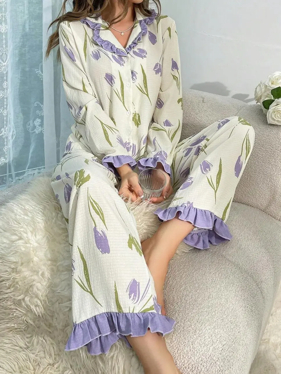 2-Piece Women's Tulip Print Pajama Set with Long Sleeve Button Front Top and Pants