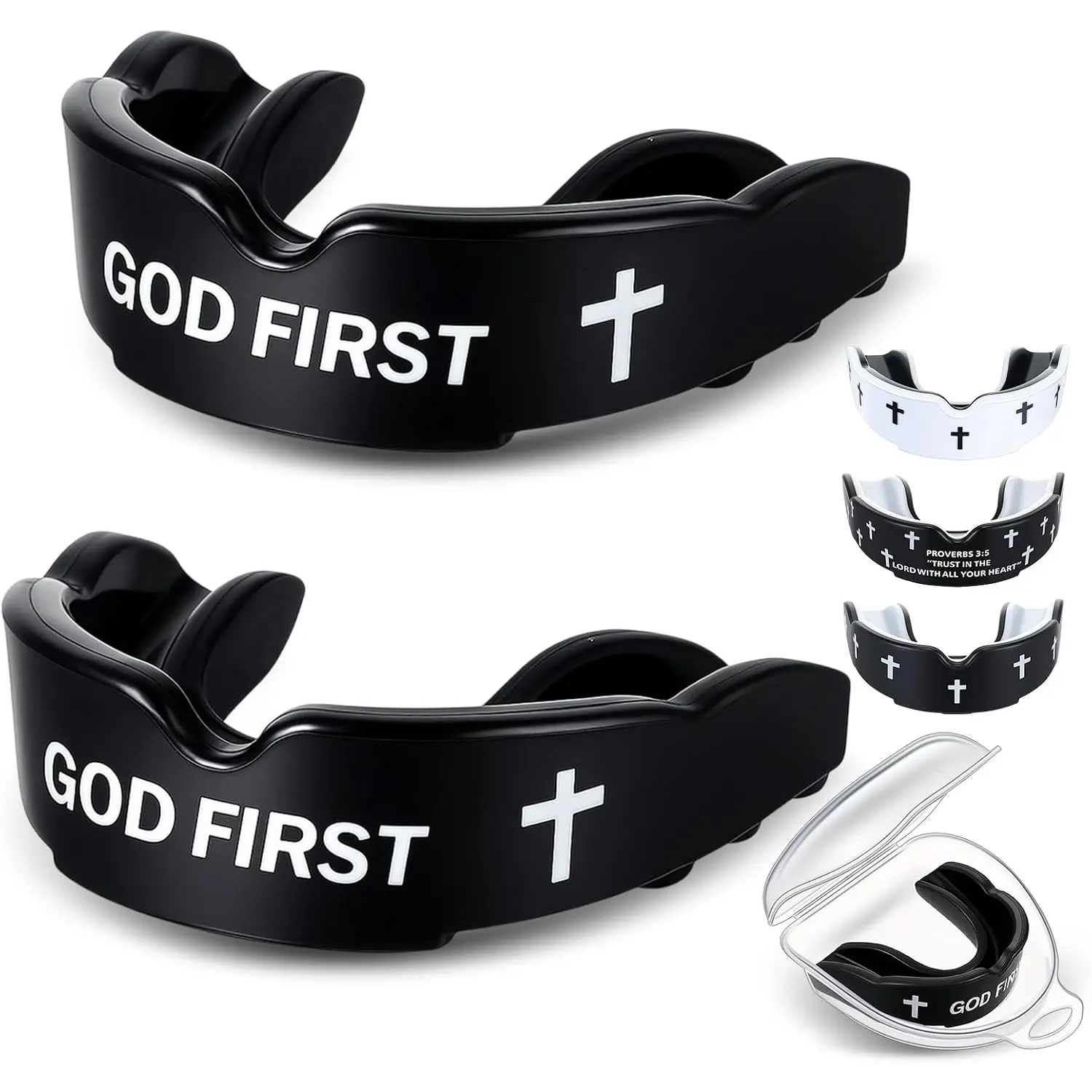 Unisex 2-Piece Christian Cross Mouth Guards, EVA Dual-Layer Gel Sporty Mouthguards with Storage Cases, Large Fit for Contact Sports (Football, Boxing)